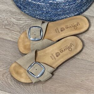 Yokono Taupe Suede Leather Slide Sandals with Silver Adjustable Buckles Size 9